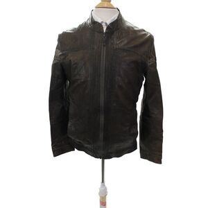 BOSS Orange Mens Biker Leather Jacket Brown Zip Size 36